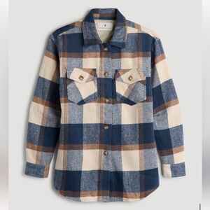 Flannel Shacket for Tall Women Small Extra Tall Cream and Denim Blue Plaid